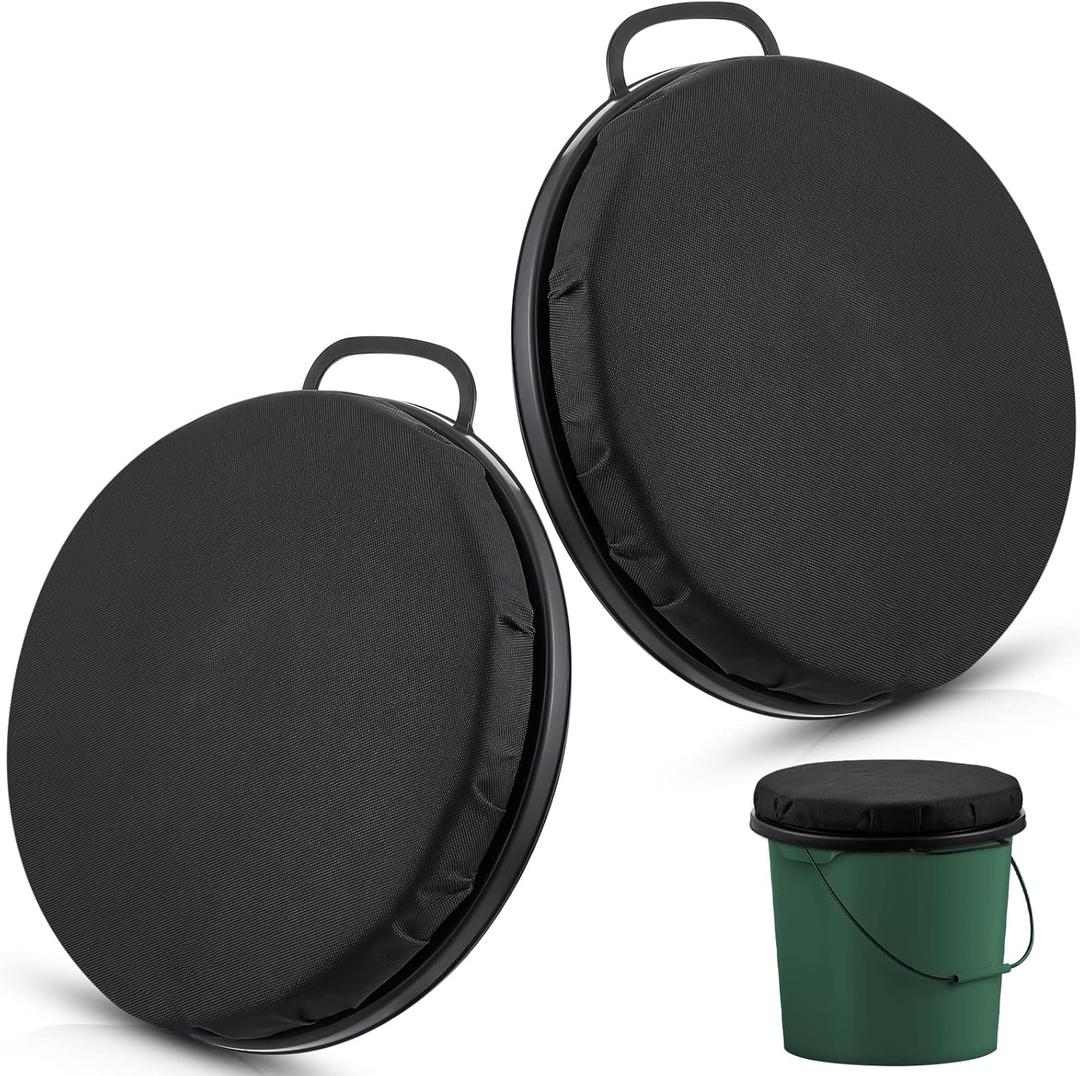 Lewtemi 2 Pcs 5 Gallon Bucket Seat 360 Degree Swivel Lid with 2" Thick Black Padded Cushion Lid with Waterproof Cover, Ideal for Winter Ice Fishing, Waterfowl Hunting, Camping and Outdoor Activities