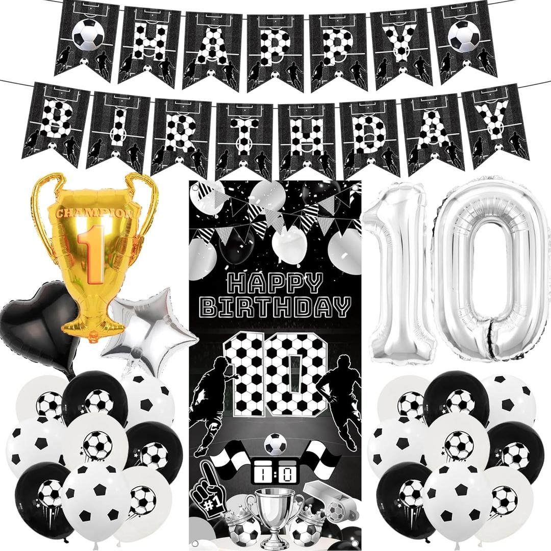 10th Birthday Party Decorations Balloons - 26 Pcs Soccer Birthday Banner Number Balloons Vertical Backdrop Door Wall Decor For Boys Girls Kids 10 Year Old Sports Themed Party Supplies