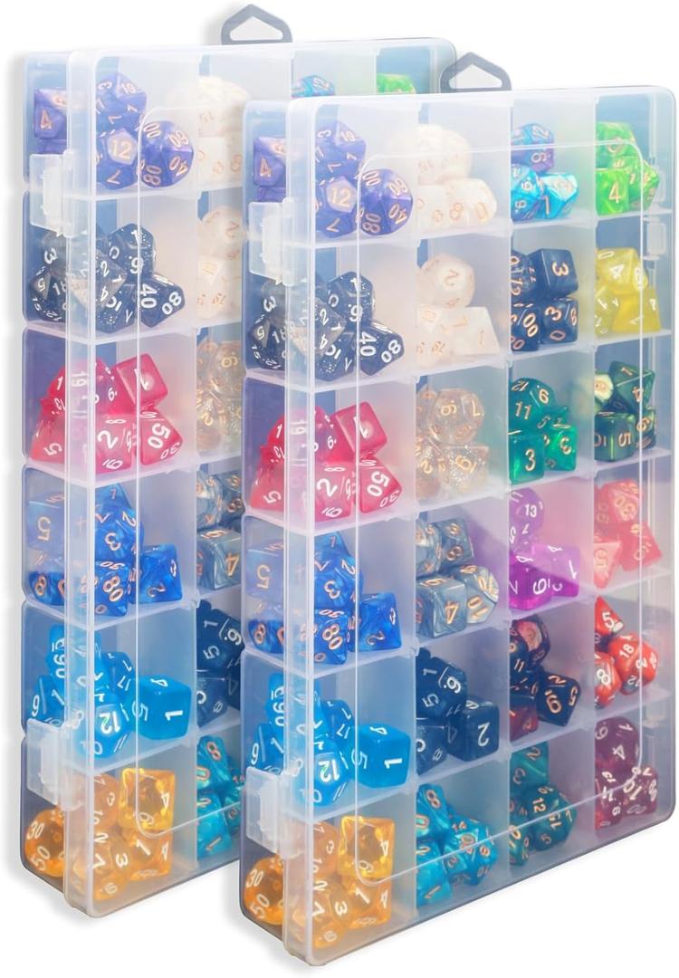 2 Pack DND Dice Storage Box Each 24 Grids Polyhedral Dice Organizer with Removable Dividers Holding Up to 1600 Dices Small Craft Containers for Dice Collectors or RPG D&D Games (Box only)
