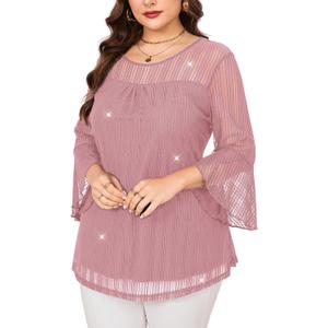 ZOMVA Women's Plus Size Ruffle 3/4 Sleeve Blouses Casual Elegant Dressy Crew Neck Double Layers Sparkly Mesh Tunic Tops (XX-Large Plus, Pink)