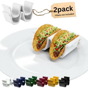 HolaTasty Taco Shell Holder Ceramic, Taco Gifts for Thanksgiving Christmas - Taco Holders Set of 2, Dual Taco Stand for Plates - Hold Street/Hard Shells, Mini Taco Night Accessories for Taco Lovers (White - 2 Pack)