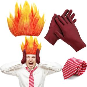 Toulite 3 Pcs Halloween Angry Dress Up Set Included 2 Toned Flame Wig Red Textured Tie Gloves Halloween Cosplay Costume for Men Adult Party Supplies