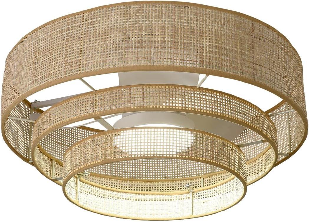 20 inches Low Profile DC Small Boho Wicker Ceiling Fan with Light Fixture and Remote,Enclosed Bamboo Rattan Caged Flush Mount Bladeless Wooden Fandelier for Kitchen Bedroom Indoor