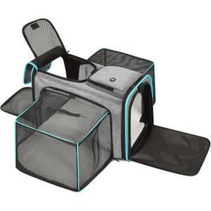 Cat Dog Carrier Bag, 5 Sides Open Doors, 2 Sides Expandable, Large Soft Sided Pet Carriers with Removable Pad, 19x12x12 Inch for Kitten, Rabbit, Puppy, Small Animal, Airline Approved (Extension Lake Blue_Grey)