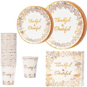 Crisky 24 Guests 96 Pcs Thanksgiving Disposable Napkins Plates Cups Set for Autumn Thanksgiving Dinner Party Decorations, Thankful and Grateful in Orange Foil