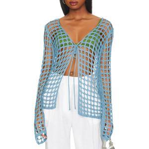 Saodimallsu Womens Long Sleeve Swimsuit Coverup Crochet Hollow Out Tie Front Swim Cover Up Knit Cardigan, Size Medium