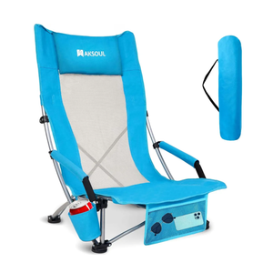 AKSOUL Folding Beach Chair for Adults: Low/High Back Chairs with Carry Bag - Extra Wide Seat Chair with Comfortable Pillow & Storage Pocket (1 Pack & 2 Pack, Blue)