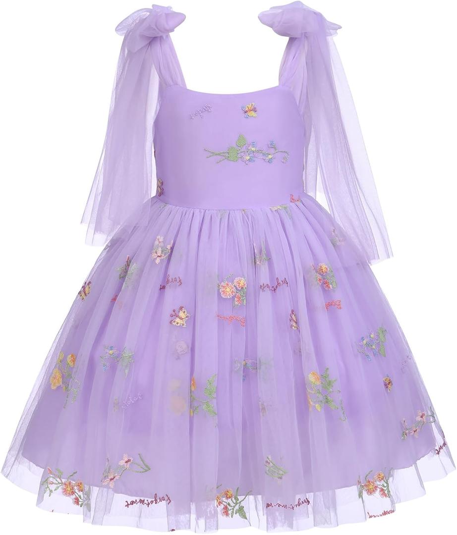 Flower Girl Floal Lace Tulle Dress Princess Backless Wedding Junior Bridesmaid Pageant Communion Dance Maxi Gown (12-18 Months, Purple & Floral)