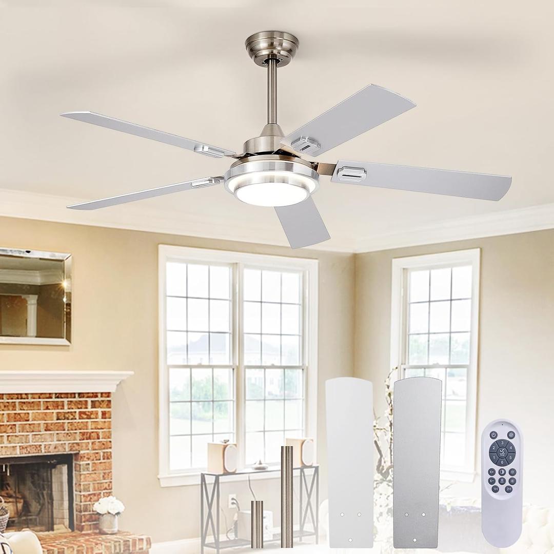 Depuley 52-Inch Ceiling Fan with Light: Brushed Nickel Ceiling Fans with 5 Blades Dual Finish Reversible - Farmhouse Ceiling Fan with Remote Control Noiseless for Living Room Outdoor Patios