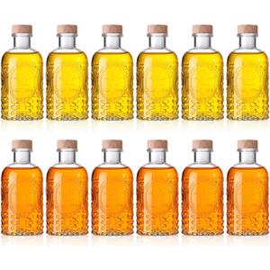 Teenyyou 12 Pcs Clear Glass Bottles 6.8oz/ 200ml Whiskey Glass Bottles Vintage with T Top Cap for Wine Beverage Drinks Oil Vinegar Kombucha Beer Soda with Cork Stopper(Vintage Oval)