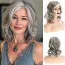 Grey Curly Wavy Wig for Women Mid-Length Gray Synthetic Natural Looking Heat Resistant Halloween Cosplay Wig