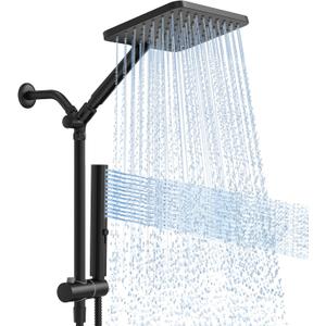 Shower Heads with Handheld Spray Combo Matte Black, 10 Inch High Pressure Rain/Rainfall Shower Head, Height Adjustable Dual 2 in 1 Shower Head System with Stainless Steel Hose