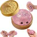 Glitter Dumpling Squishy, New Mystery Glitter Dumpling Squishies Box, Soft Squeeze Dough Ball for Stress Relief, Stretchy Bun with Mini Food Steamer Desk Fidget Toy for Adults Office Home (B-Pink)