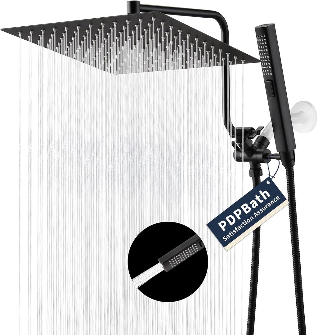 PDPBath All Metal Shower Head with Handheld Combo, 12" Rainfall Shower Head with Adjustable Extension Arm, High Pressure Handheld Wand with 79" Extra Long Hose, Upgrade 3-Way Diverter, Matte Black