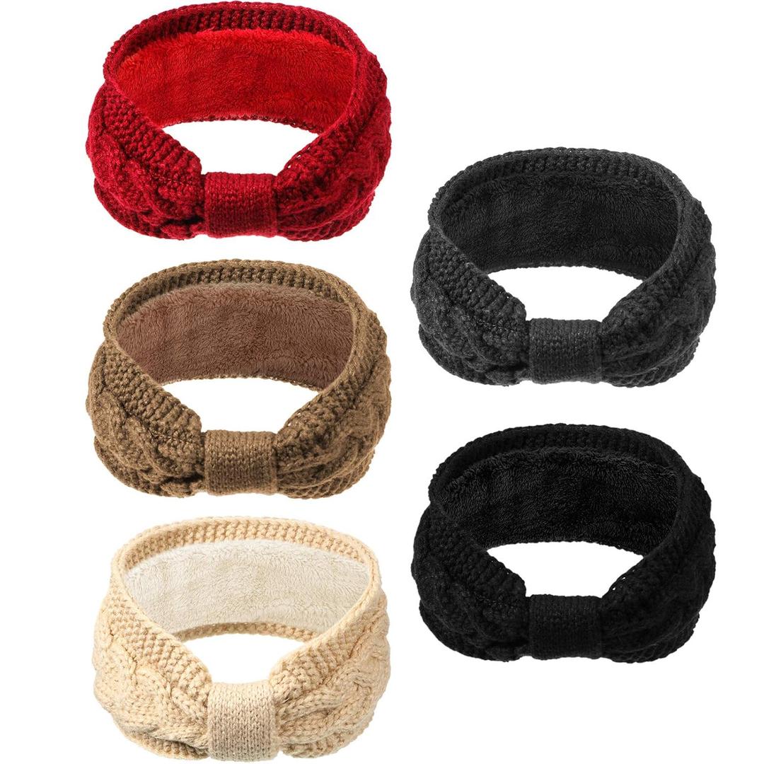 WILLBOND 5 Pieces Winter Cable Knit Headbands Fleece Lined Headbands Thick Crochet Turban Bowknot Ear Warmer for Women Girls