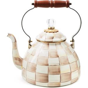 MACKENZIE-CHILDS Enamel Tea Kettle, Stylish Tea Kettle for Stovetop, Brown-and-White Mocha Check, 3 Quarts