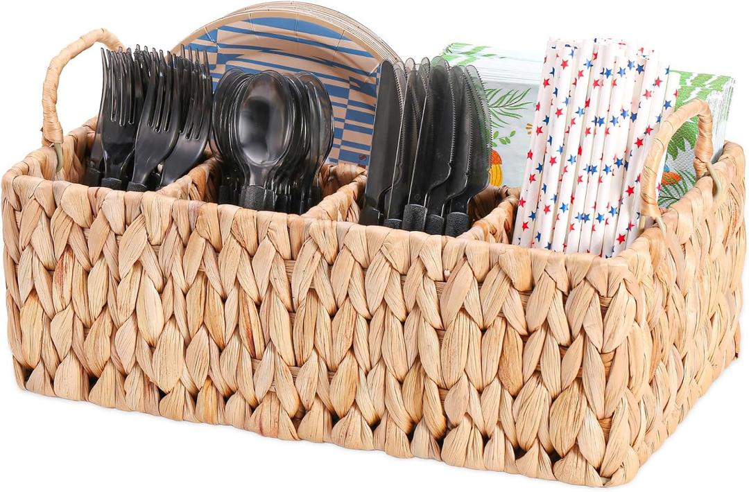Wicker Party Silverware Caddy, Water Hyacinth Plastic Cutlery Utensil Holder, Hand Woven with Handles, Kitchen Countertop and Picnic flatware Organizer (5 compartments)(14.2"D x 7.9"W x 4.9"H)