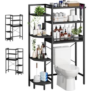 K1 Heavy Duty 7-Tier Over The Toilet Storagewith Basket and Paper Hook Freestanding Above Toilet Shelf with Adjustable FeetSpace Saver Bathroom Shelves 9.3" D x 33.5" W x 63.8" HBlack
