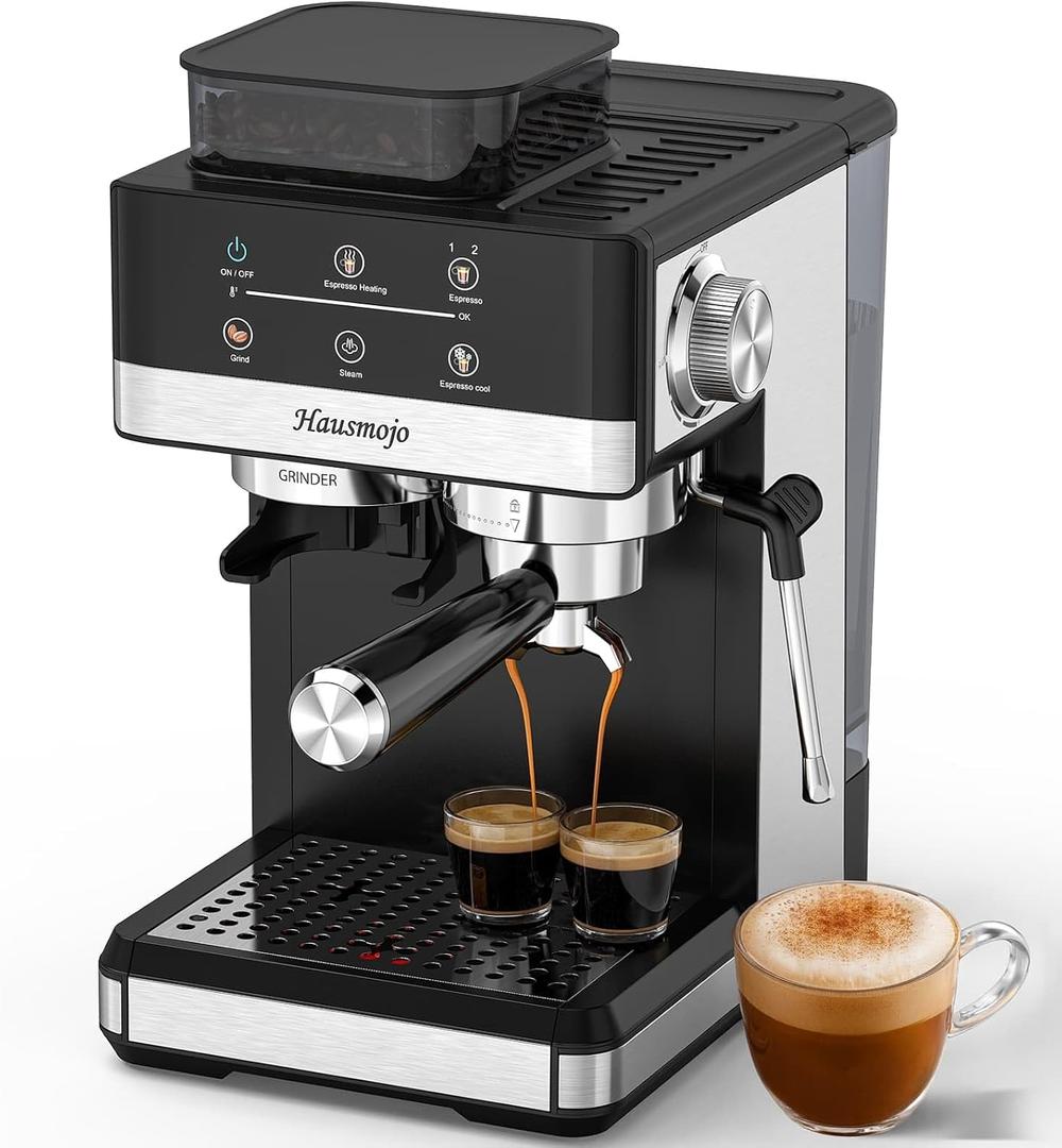 GrindPro 20Bar Espresso Machine with Built-In Grinder & Milk Frother, Professional Compact Stainless Steel Coffee Maker for Espresso, Latte & Cappuccino, Easy Clean, Perfect for Home Use