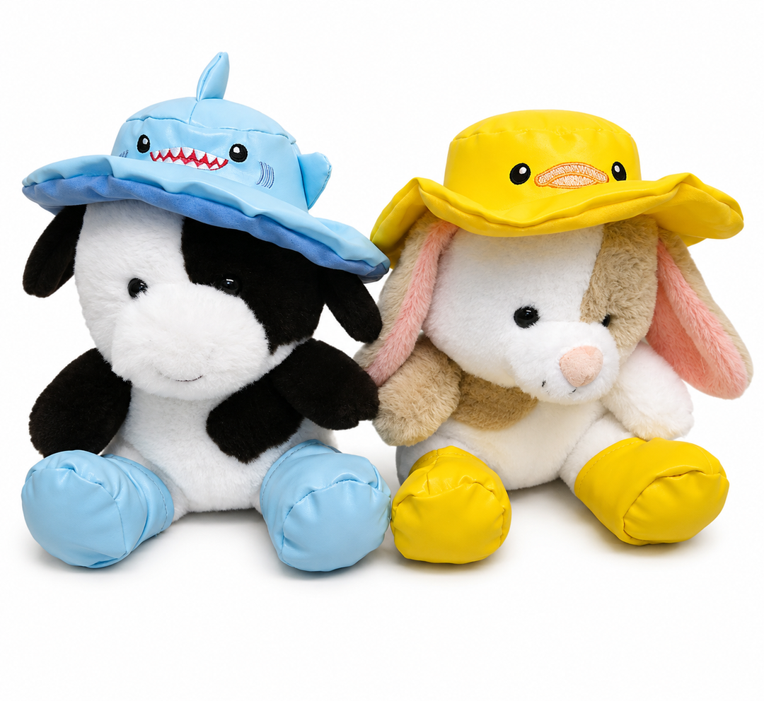 Holiday Home Spring Raindrop Plush – Cow with Blue Hat & Bunny with Yellow Hat