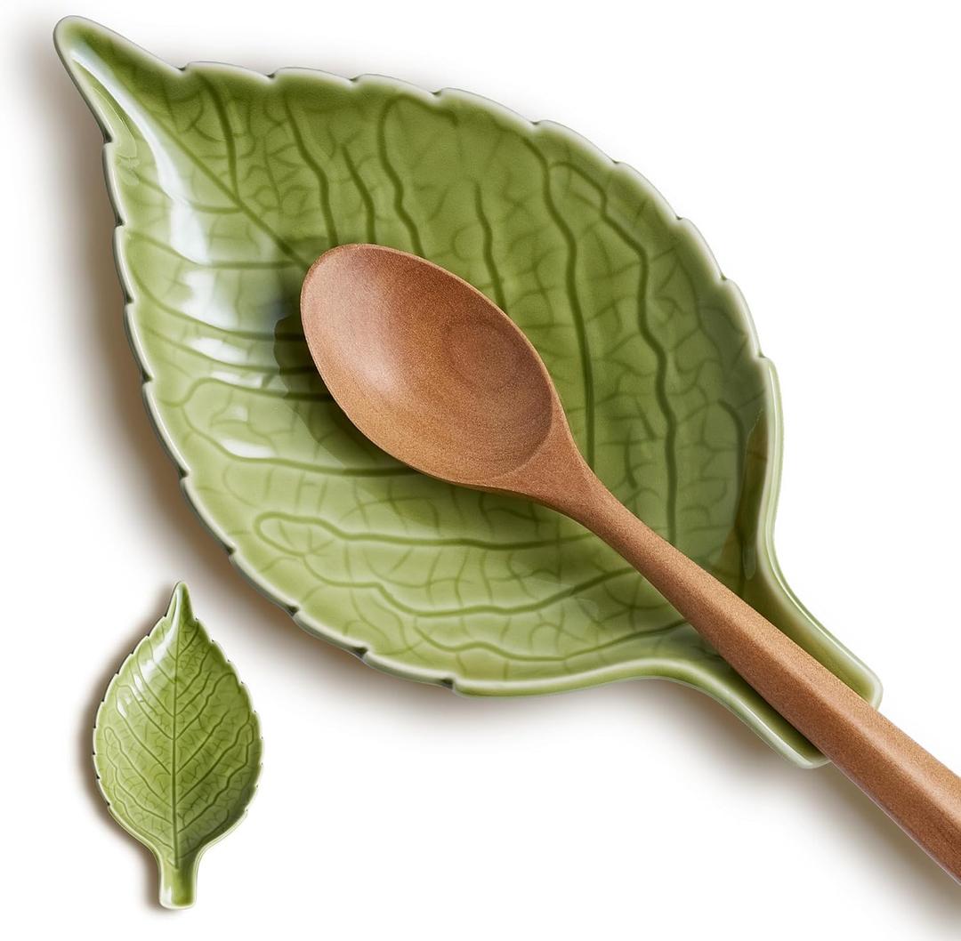 Ceramic Leaf Spoon Rest - Cute Green Cooking Spoon Holder for Stove Top & Kitchen Counter, Heat Resistant Spatula & Utensil Rest, Unique Kitchen Decor Gift, 1 Pack