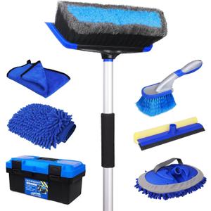 NIKCOSMK 62'' Car Wash Brush with Long Handle, Car Wash Kit with Tire Brush, Tower, Window Squeegee, Chenille Microfiber Car Wash Mop Mitt, Car Cleaning Brush Kit Supplies for Car, Truck, SUV, RV (Blue)