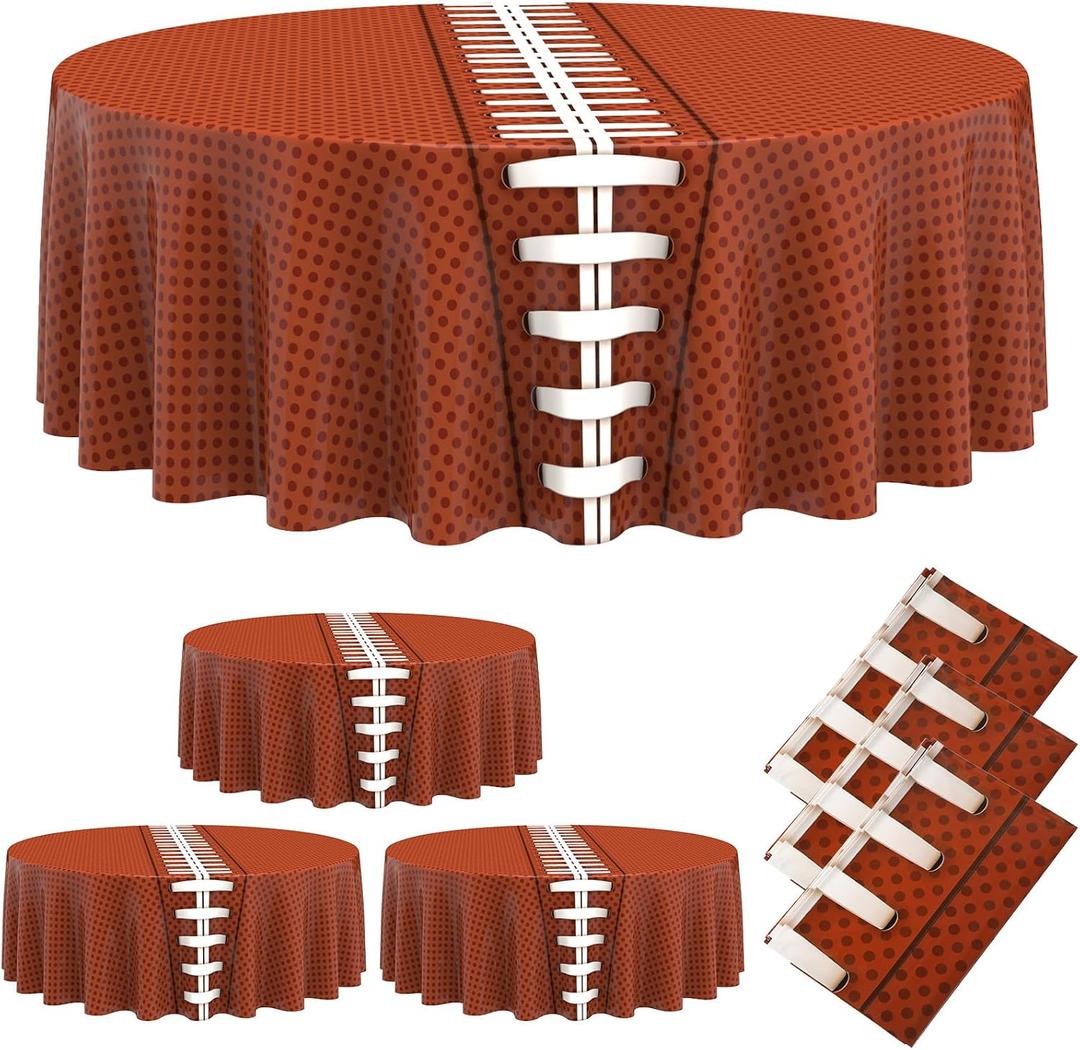 Oudain 6 Pcs Football Round Tablecloth 84 Inches PET Plastic Brown, White Color Circle Tablecloth for Football/Sports Themed Parties