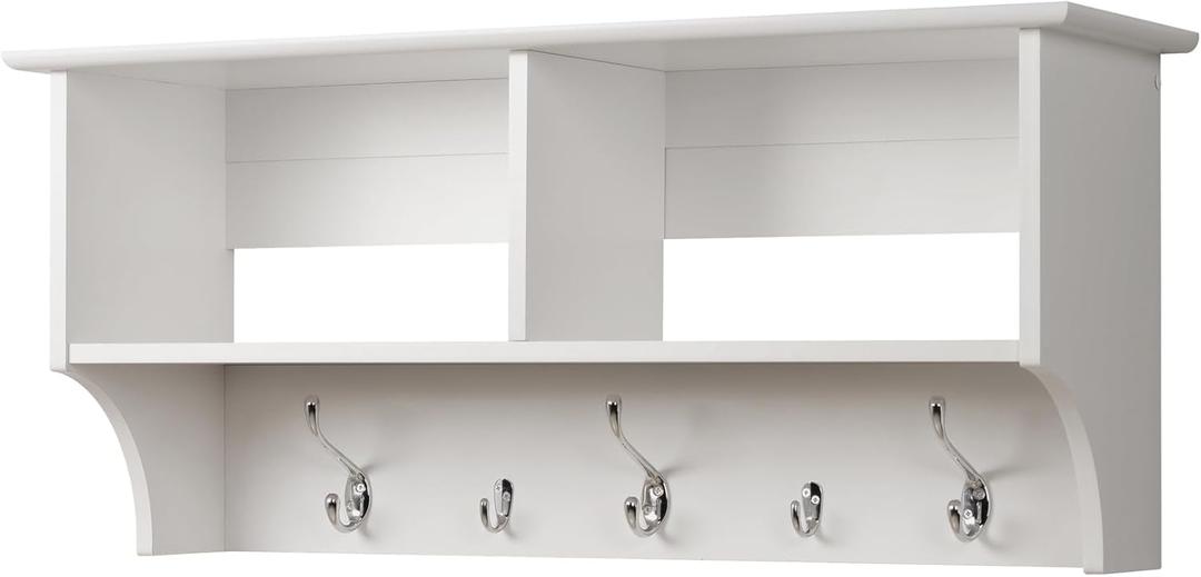 Prepac 36" Contemporary Wall Mounted Coat Rack, Coat Hooks Wall Mount with 2 Shelves, Ideal for Hallway or Entryway Storage Solution, 11.5"D x 36"W x 16.5"H, White