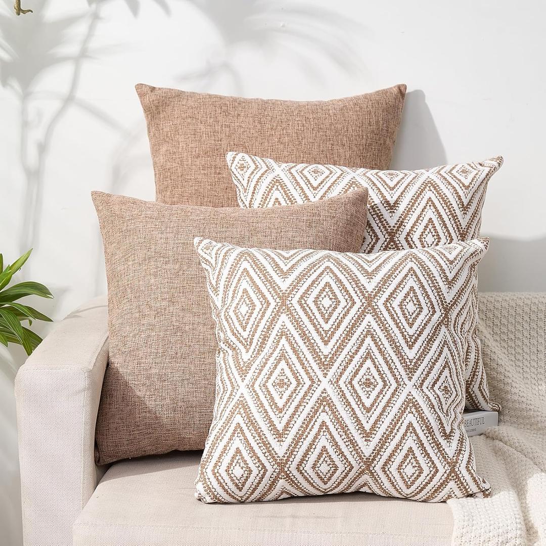 HPUK Decorative Throw Pillow Covers Set of 4 Couch Pillows Linen Cushion Cover for Couch Sofa Living Room, 18"x18" inches, Light Brown