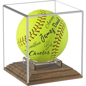 Softball Display Case Walnut Wood Base Acrylic Softball Case Display Softball Holder Stand Cube Memorabilia Showcase Autograph Ball Protector for Official Size Ball Display