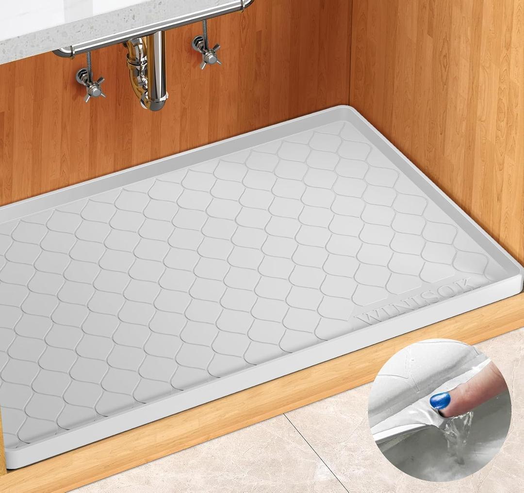 Silicone Under Sink Mat 25" x 22", Kitchen Essentials and Gadgets, Shelf Liner and Cabinet Protector, Home Organizers and Storage, Waterproof Bathroom Tray (22"W x 25"L, White)
