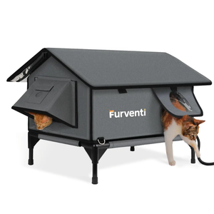 Heated Cat House for Outside,Extremely Weatherproof&Insulated in Winter,Elevated Outdoor Cat Shelter with Waterproof Eaves&Escape Door for Feral Stray Barn Cats(Dark Grey,L)