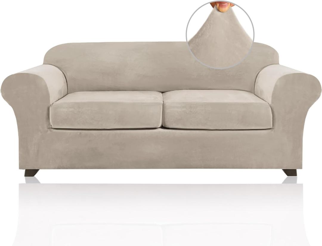 PrinceDeco Couch Cover Velvet Plush Sofa Covers for 2 Cushion Couch Width Up to 90 Inch Washable Furniture Protector Pet Friendly No Slip Sofa Slipcover(Medium-Large, French Oak)