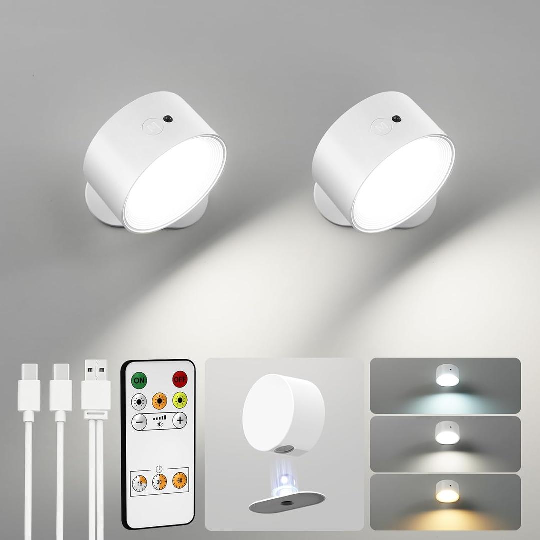 LED Wall Mounted Lights, Rechargeable Wall Sconces Lamp, 3 Color Temps & Remote and Touch, 360Rotation Dimmable Cordless Wall Light for Study Bedroom Reading Bedside(White, 2 Pack)