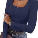 ANRABESS Women's Long Sleeve Henley Tops Ribbed Knit Slim Fitted Trendy T Shirt Basic Tees Layer 2025 Fall Fashion Outfits (Medium, Navy Blue)