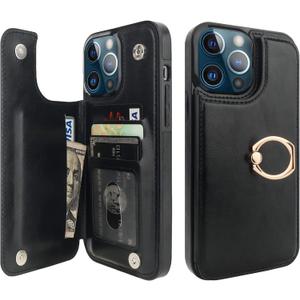 ONETOP for iPhone 13 Pro Max Wallet Case with Card Holder, 360 Rotation Ring Kickstand RFID Blocking PU Leather Double Magnetic Clasp Shockproof Cover for Women and Girls 6.7 Inch (Black)