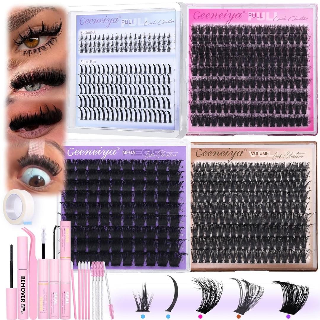 2 x Geeneiya 5 Styles Lash Clusters Kit, Volume/Mega/Full/Bottom Eyelash Clusters Extensions with Lash Bond and Seal, Remover and Lash Extension Tools for Beginners and Proficient, DIY at Home Easily