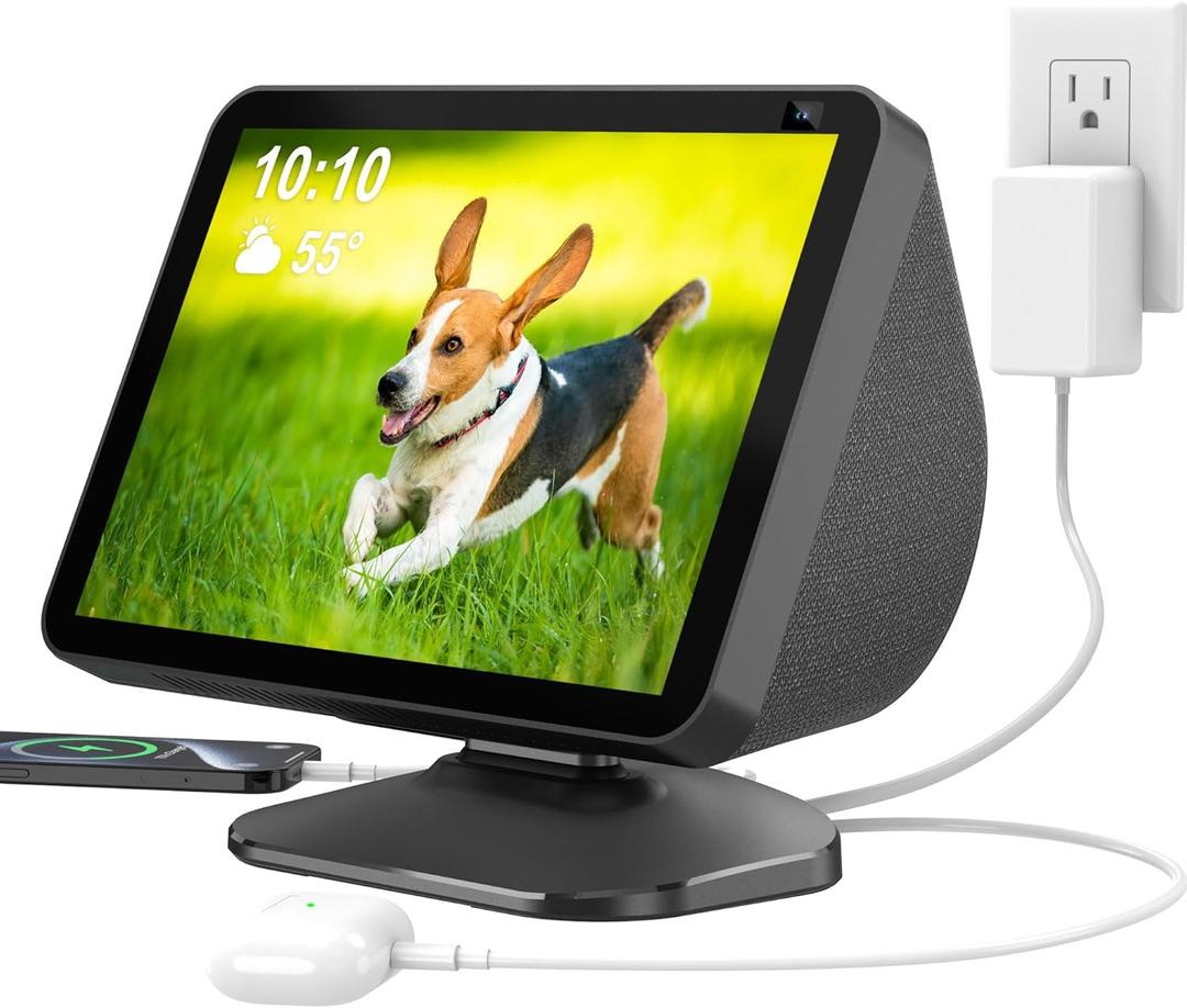 PlusAcc Stand for Show 8 (1st Gen & 2nd Gen) - Adjustable Table Holder with 2 Charging Ports (USB-C & USB-A), Tilt Magnetic Base for Charge Cellphones and Earbuds, Non-Slip Base (Black)