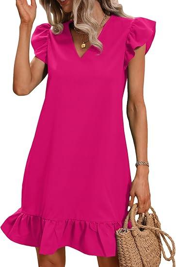 SOLY HUX Summer Dresses for Women V Neck Cap Sleeve Ruffle Hem Smock Short Dress (Plain Orange)