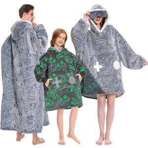 OLAOLA Wearable Blanket Hoodie, Oversized Soft Cozy Sherpa Hooded Blanket Adult, Plush Game Controller Blanket Sweatshirt with Eye Mask and Giant Pocket for Women Men (Gray) One Size