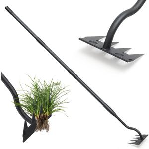 Manual Weeder Tool,4 Tines Garden Weeding Rake with Sharp Blade,55 Inch Long Handle,Heavy Duty Stand Weeding Tool for Weeding Loosening Soil Gathering Leaf Leveling Thatch Rake