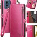 XcaseBar for Moto G 5G 2024/G Play 2024 Wallet case with Zipper Credit Card Holder【RFID Blocking】,Flip Folio Book PU Leather Phone Shockproof Cover Women Men for Moto G Play 2024 case Rose Red