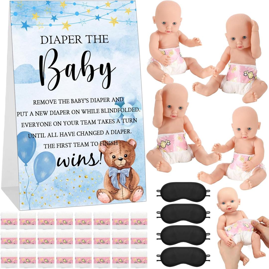 RoundFunny 33 Pcs Baby Shower Diaper Changing Game Supplies Including Dolls Blindfold Diapers Wooden Sign for Changing Race Gender Reveal Party Favors(Cute Bear)