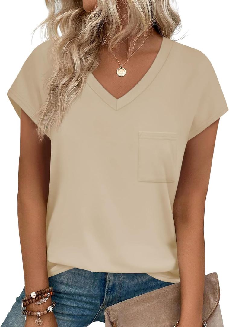 SAMPEEL Women's V Neck Cap Sleeve T-Shirt (Beige, M)