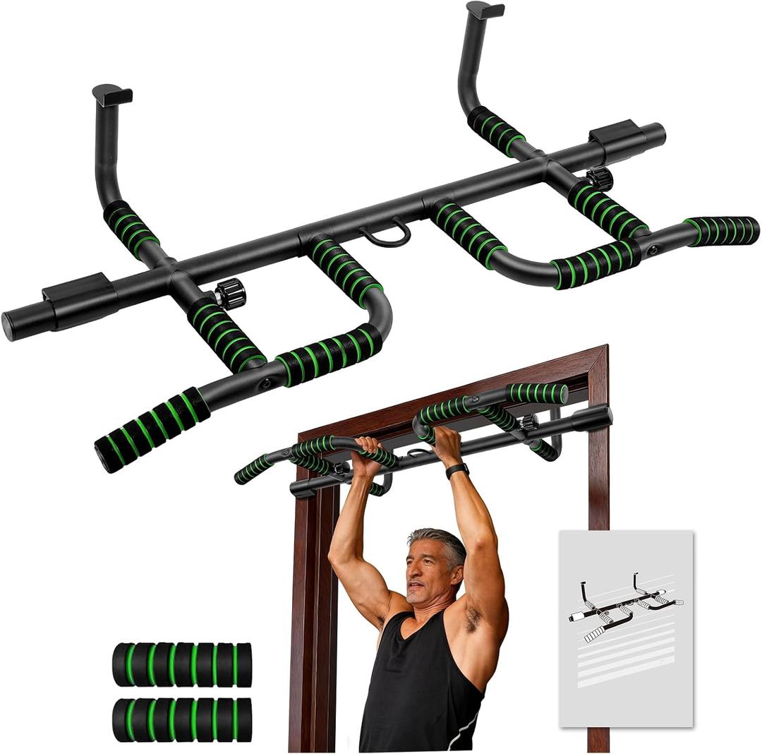 Upgrade Pull Up Bar for Doorway with Ergonomic Grip, Max Load 440 lbs No Screws Pullup Bar for Home Gym Indoor Exercise Strength Training, Authorized Under US Patent (Multi, Green)
