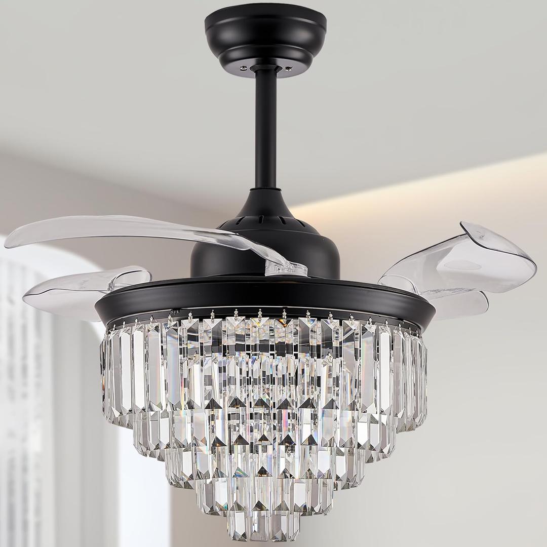 Finktonglan 36" Black Crystal Flush Mount Fandelier Ceiling Fan with Light, Retractable Blades, Dimmable 72W LED, Remote & App Control, Quiet Reversible Motor, 6 Speeds for Bedroom/Living Room