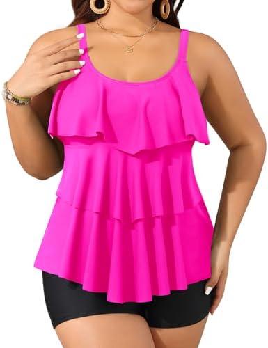 Yonique Women's Plus Size Tankini Swimsuits with Shorts Two Piece Bathing Suits Ruffle Swimsuits Tummy Control Swimwear, XXL