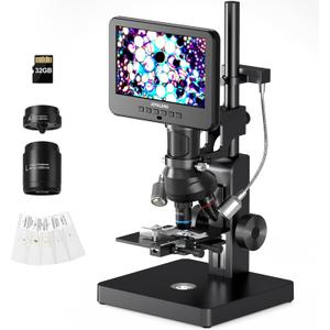 JL266S 5 Lens HDMI Digital Microscope 5000X, 24MP Biological Microscope for Adults Kids Home Lab, Coin Microscopes Full View with 7'' Screen, Windows PC Compatible, 32GB Card