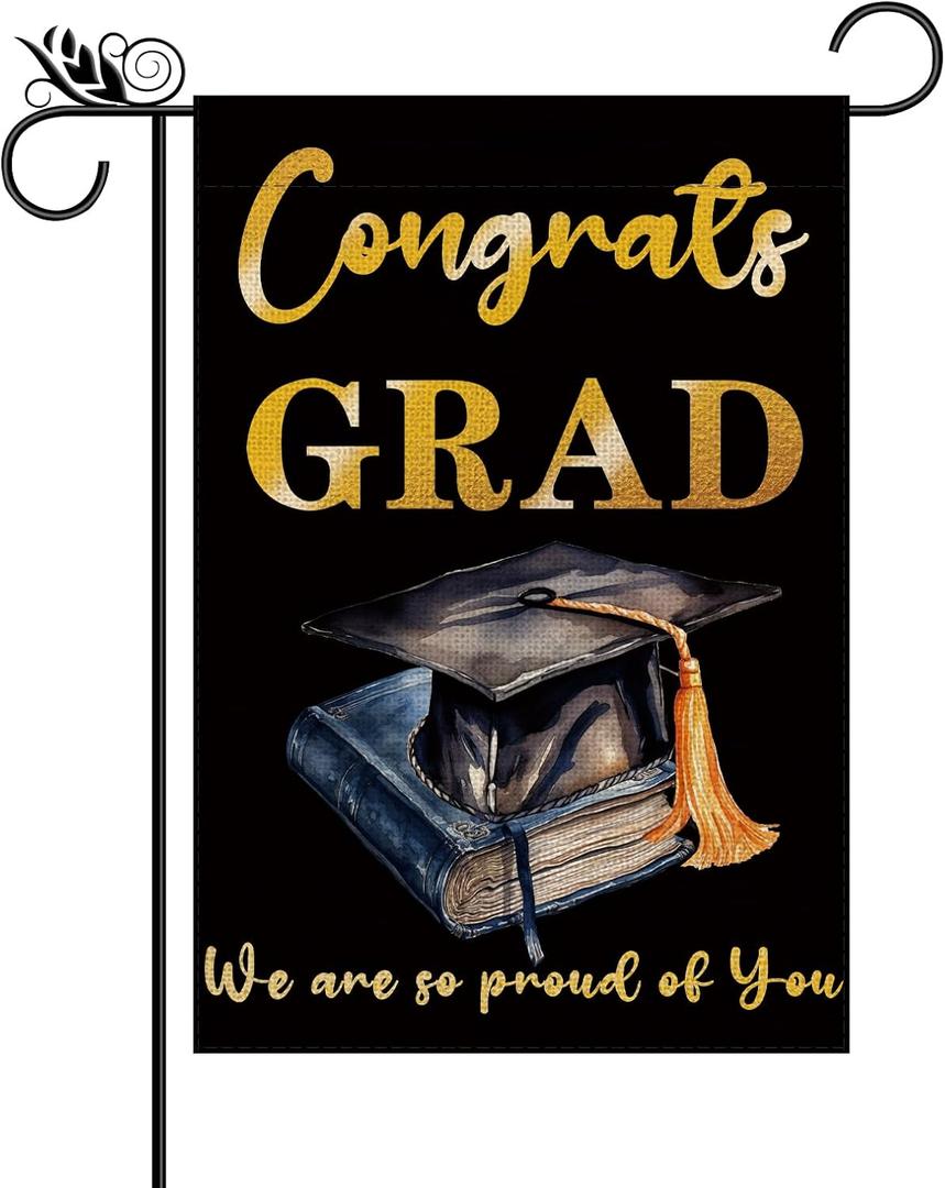 Congrats Grad Garden Flag Graduation Cap Vertical Burlap Double Sided 12.5 x 18 Inch Celebrate for Graduation Schoolyard Farmhouse Outdoor Lawn Party Decor Gift