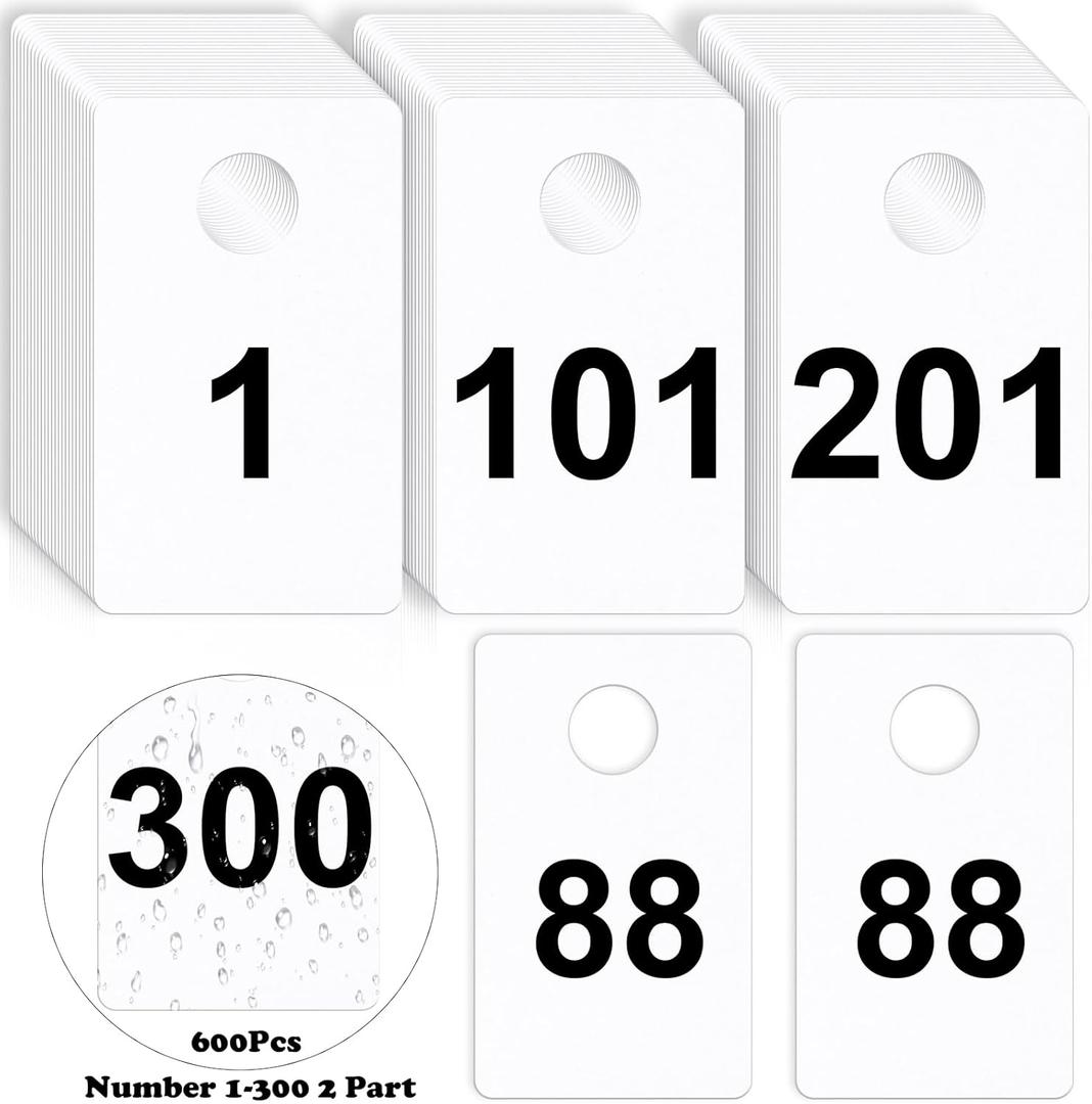 600Pcs Number Tags Plastic Check Tags 2 Part 1.5x2.5inch Coat Check Tickets 10mil Number Cards 1 to 300 with Hole Reusable Coat Room Tags Claim Ticket for Closet Organization Raffle Draws White